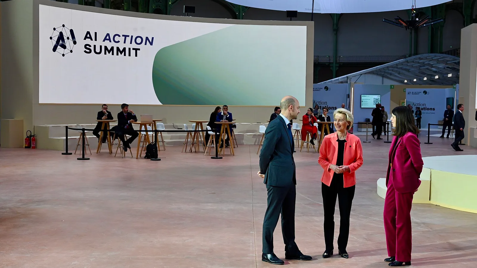 Jean-Noël Barrot, Ursula von der Leyen and Clara Chappaz at the AI Action Summit in Paris.