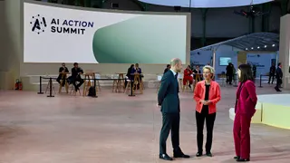 Jean-Noël Barrot, Ursula von der Leyen and Clara Chappaz at the AI Action Summit in Paris.