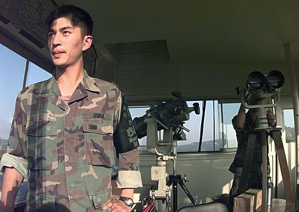 A South Korean soldier watches the North from a post in the Demilitarized Zone.