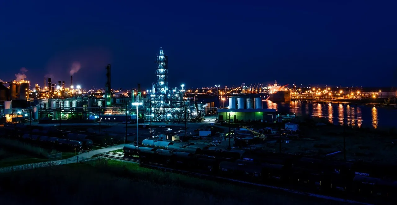 An oil refinery at night