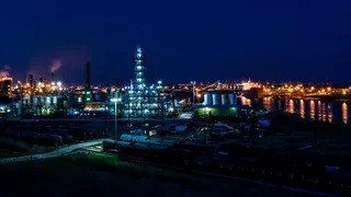 An oil refinery at night